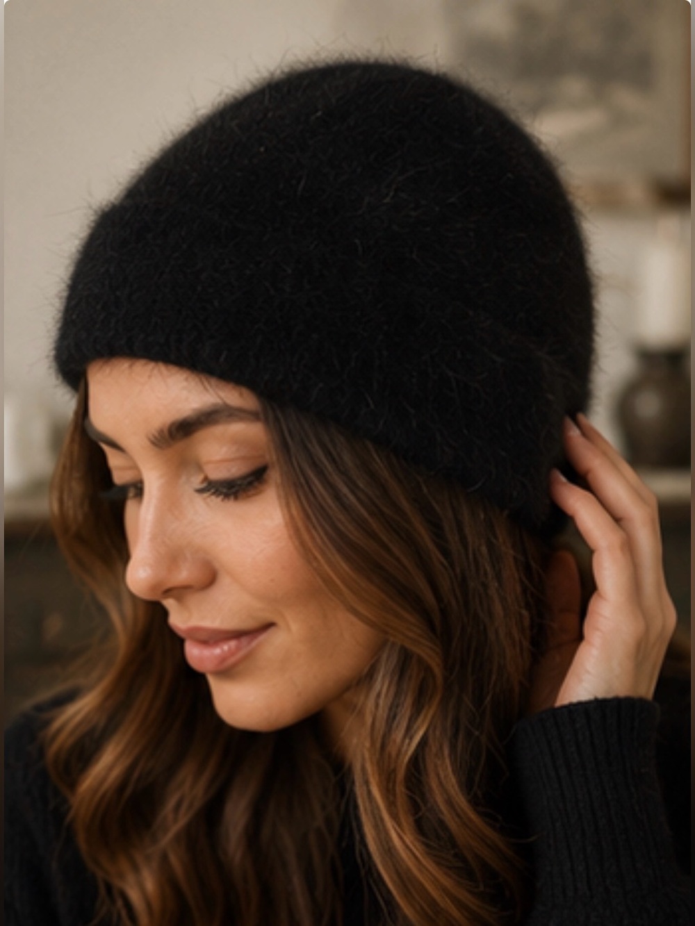 Vintage Black Angora Wool Fuzzy Beanie Hat One Size Quiet Luxury